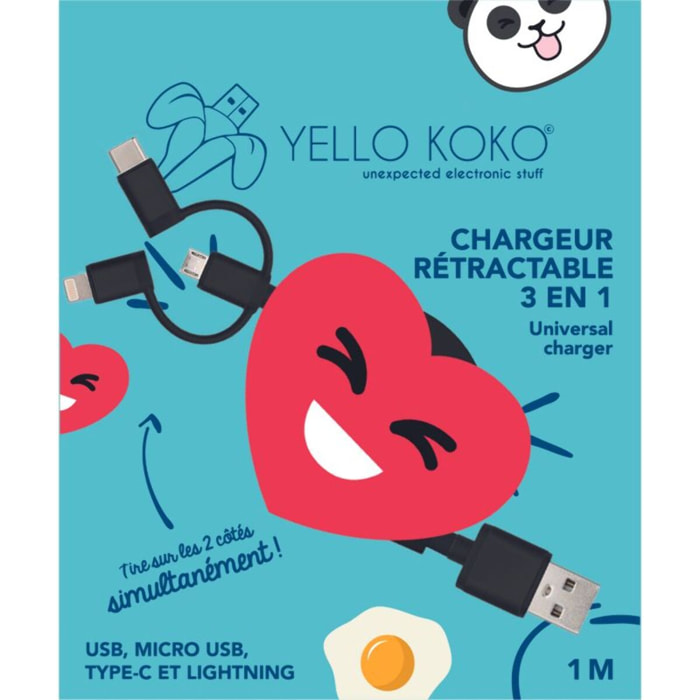 Câble trio YELLO KOKO USB vers USB-C/Micro/Lightning 1M Coeur