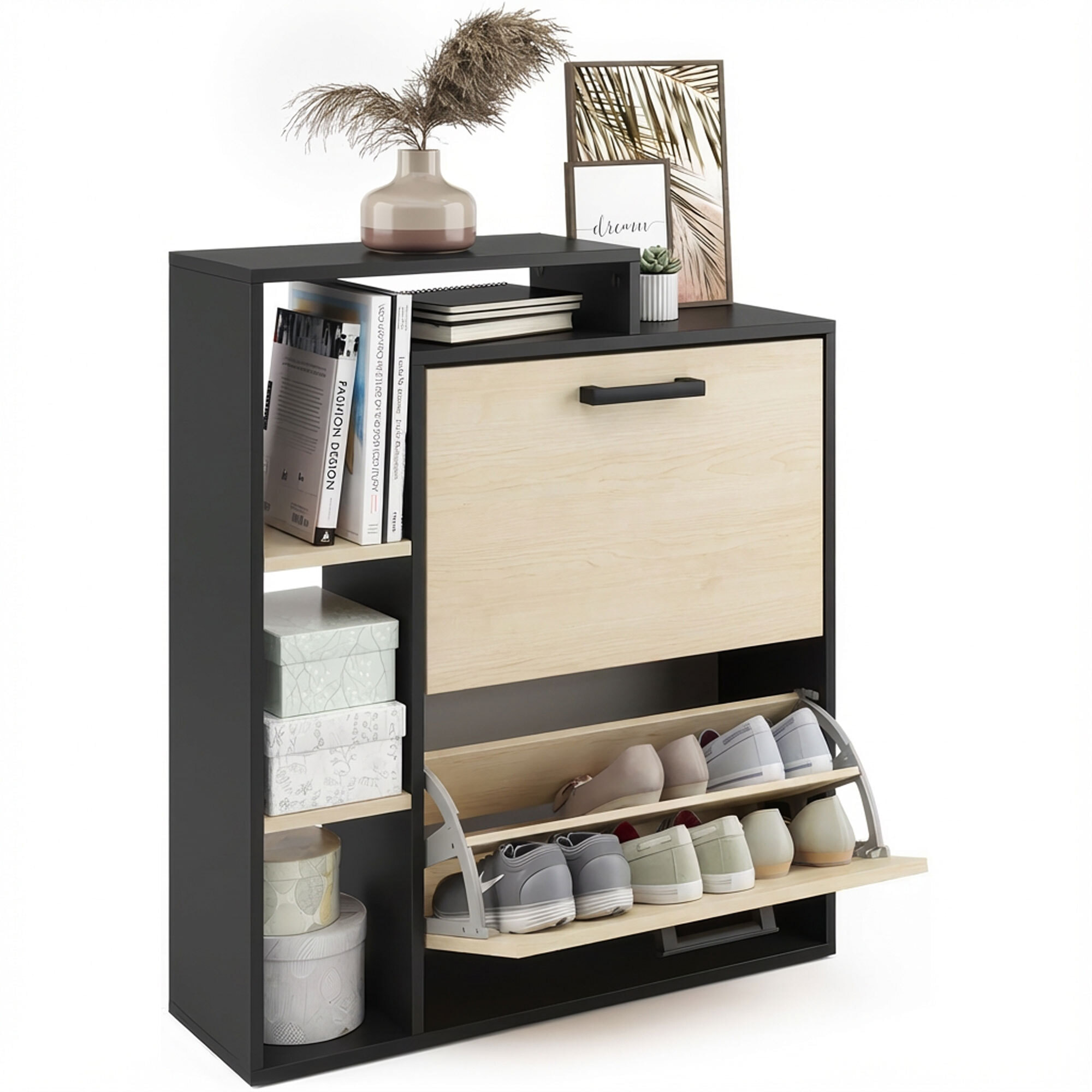 Sena - Scarpiera Salvaspazio 2 Ante 80x90x24,5 cm 12 Paia con Mensole e Ripiano Svuotatasche in Legno Nero