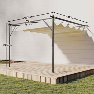 Pérgola de Pared de Jardín 3x3 m, Cenador de Jardín con Techo Retráctil, Protección UPF30+, Orificios de Drenaje y Estructura Metálica, Pabellón para Patio, Terraza, Exterior, Blanco Crema