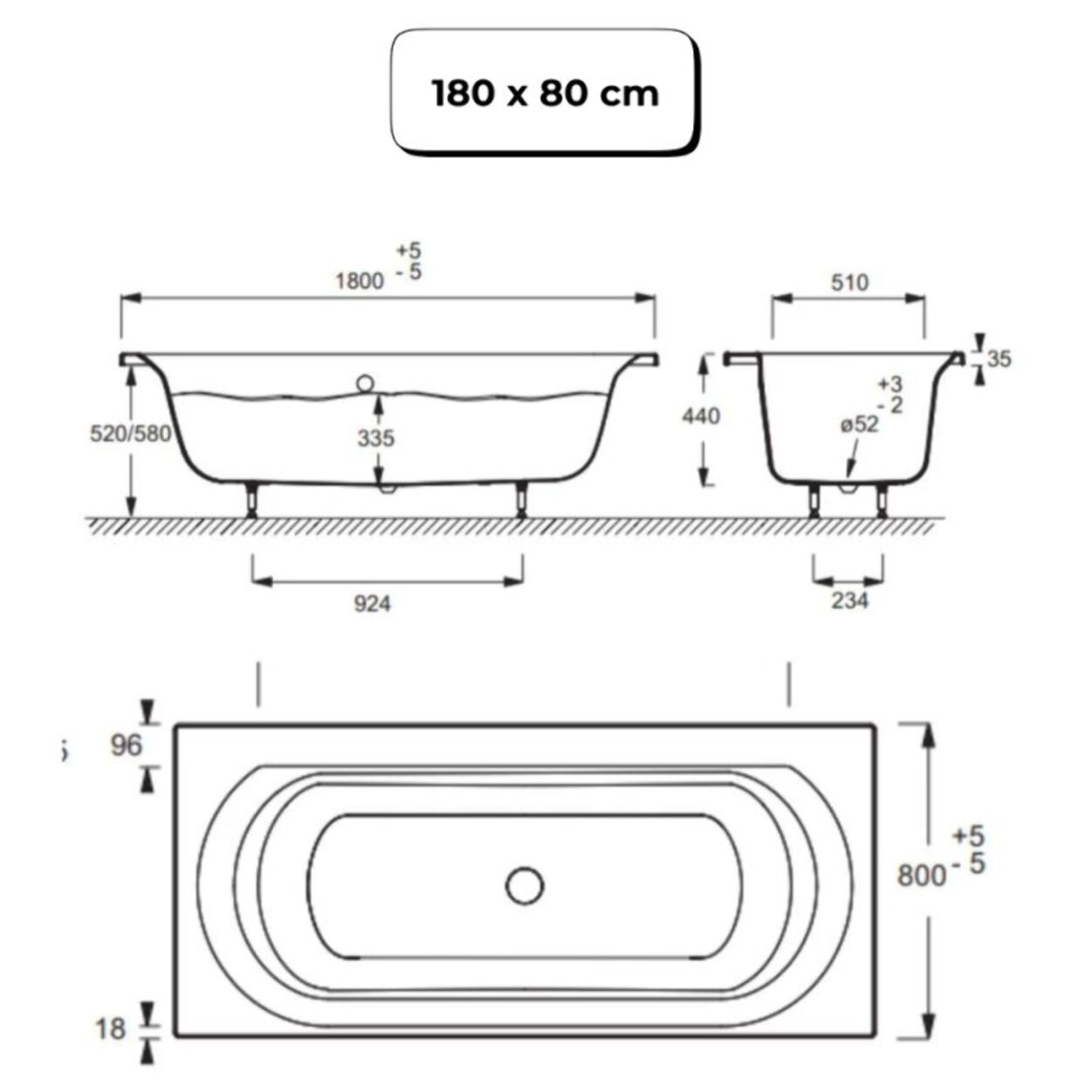 Pack baignoire droite 180 x 80 Elise + pack pommeau et mitigeur bain douche noir mat Aimé + vidage