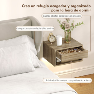 Juego de 2 Mesitas de Noche Flotantes con Luces LED RGB Control de APP, Mesillas de Noche Dormitorio con Cajón, Estante Abierto, para Sala de Estar, 37x32x21 cm, Natural