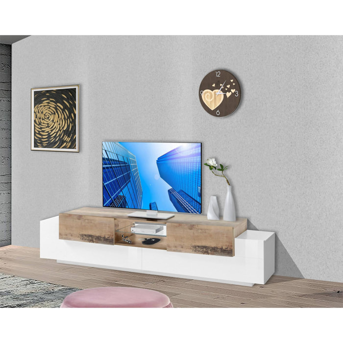 Mobile da soggiorno Porta TV, Made in Italy, Supporto per TV da salotto a 4 ante e ripiani, cm 220x45h51, colore Bianco lucido e Acero