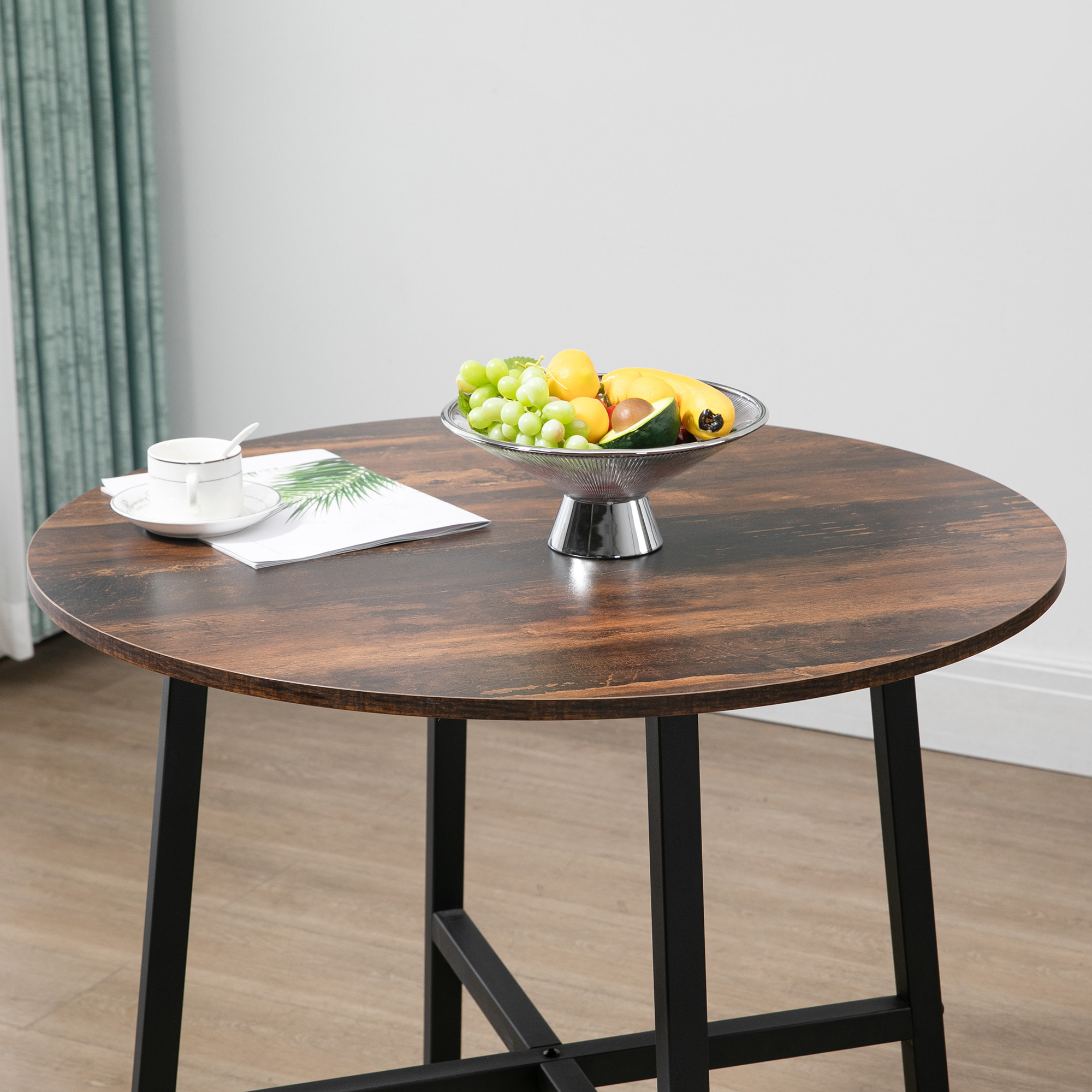 Mesa de Comedor Redonda para 4 Personas Mesa de Cocina con Patas de Acero para Salón Oficina Ø80x76 cm Marrón Rústico y Negro