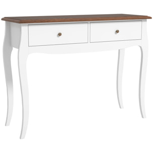 Mesa de Consola Mesa de Entrada con 2 Cajones Consola para Recibidor Estilo Francés para Pasillo Dormitorio Salón 100x35x76,5 cm Blanco y Marrón Oscuro