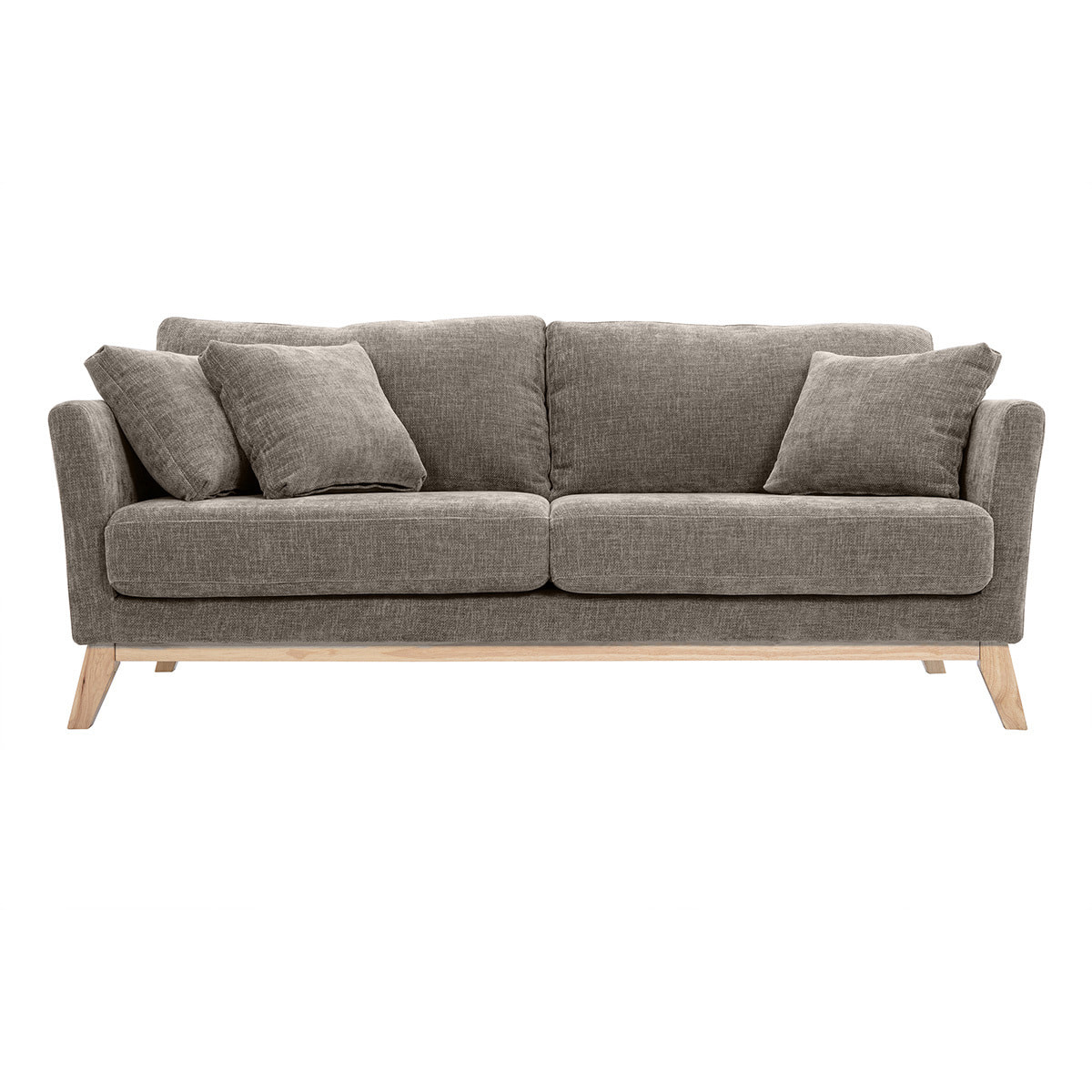 Canapé scandinave déhoussable 3 places en tissu effet velours texturé taupe et bois clair OSLO