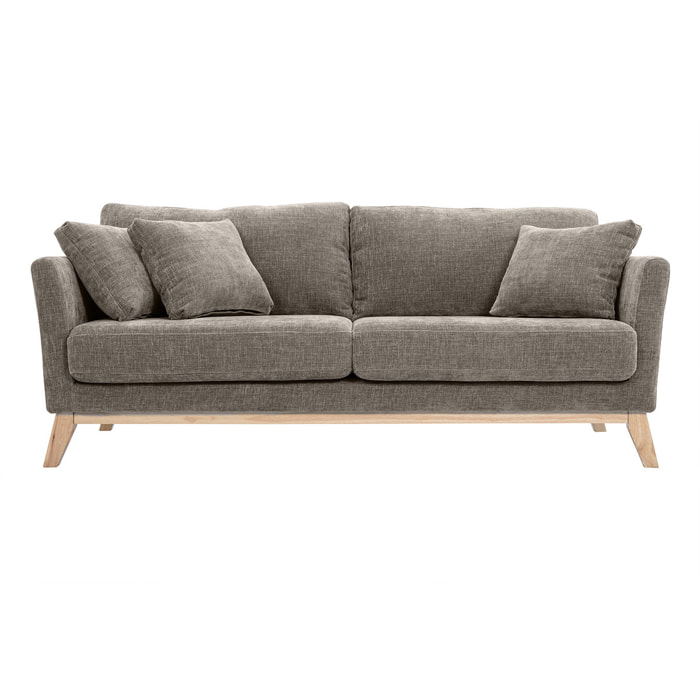 Canapé scandinave déhoussable 3 places en tissu effet velours texturé taupe et bois clair OSLO