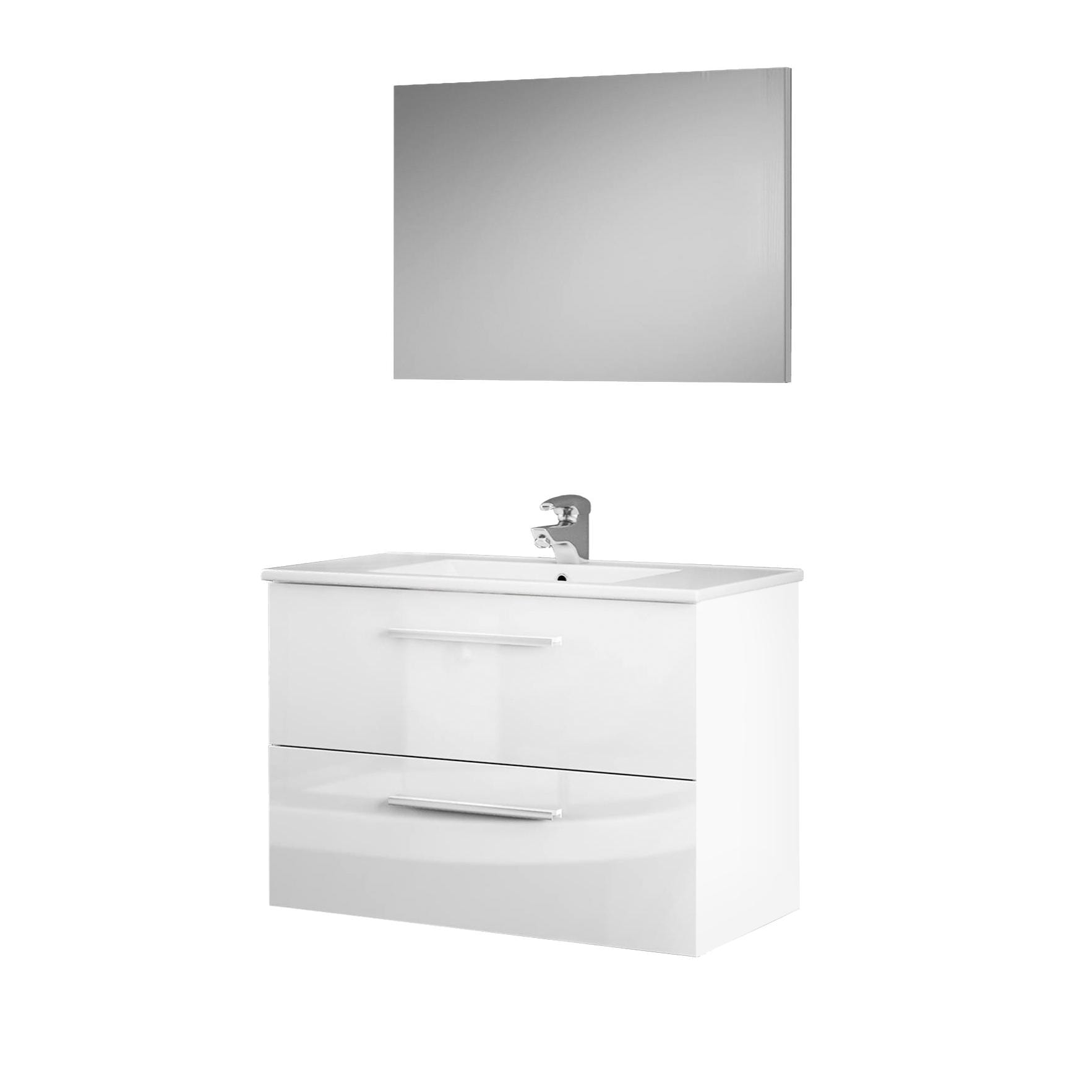 Mobile sottolavabo Inglewood, Mobiletto per bagno sospeso, Armadio a 2 cassetti e specchio, cm 80x45h57, Bianco lucido