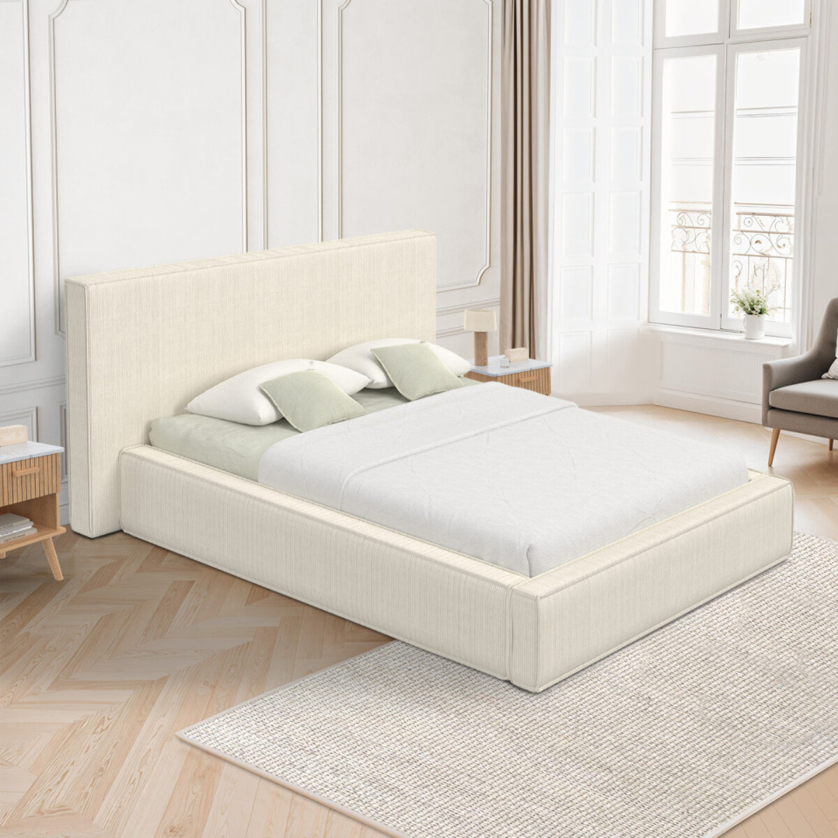 Lit coffre Joyce 140x190cm velours côtelé beige