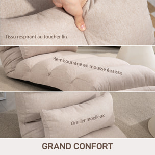 Fauteuil convertible paresseux grand confort réglable tissu toucher lin beige