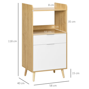 Mueble Microondas, Mueble Auxiliar de Cocina, Estilo Escandinavo con Armario, Cajón y Estante Ajustable, 58x40x118 cm, Natural y Blanco