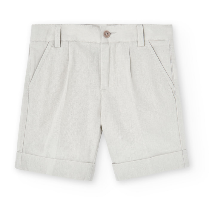Bermudas niÃ±o, lino liso, cierre botÃ³n, beige piedra