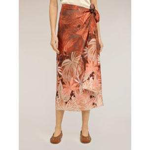 Motivi - Falda efecto pareo en raso con estampado - Naranja sol