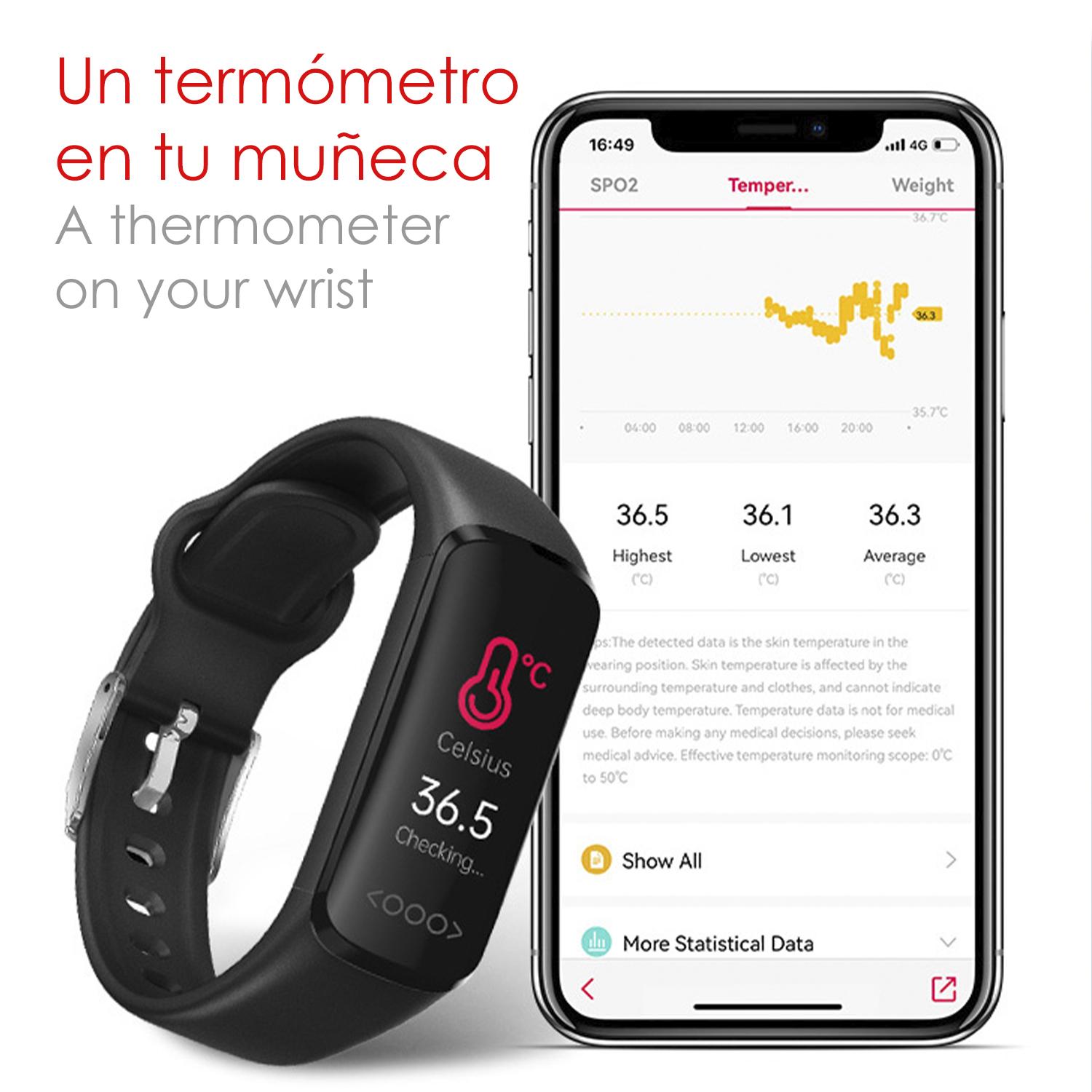 Bracciale intelligente TK30 con misuratore di temperatura corporea, multisport, frequenza cardiaca e pressione arteriosa.