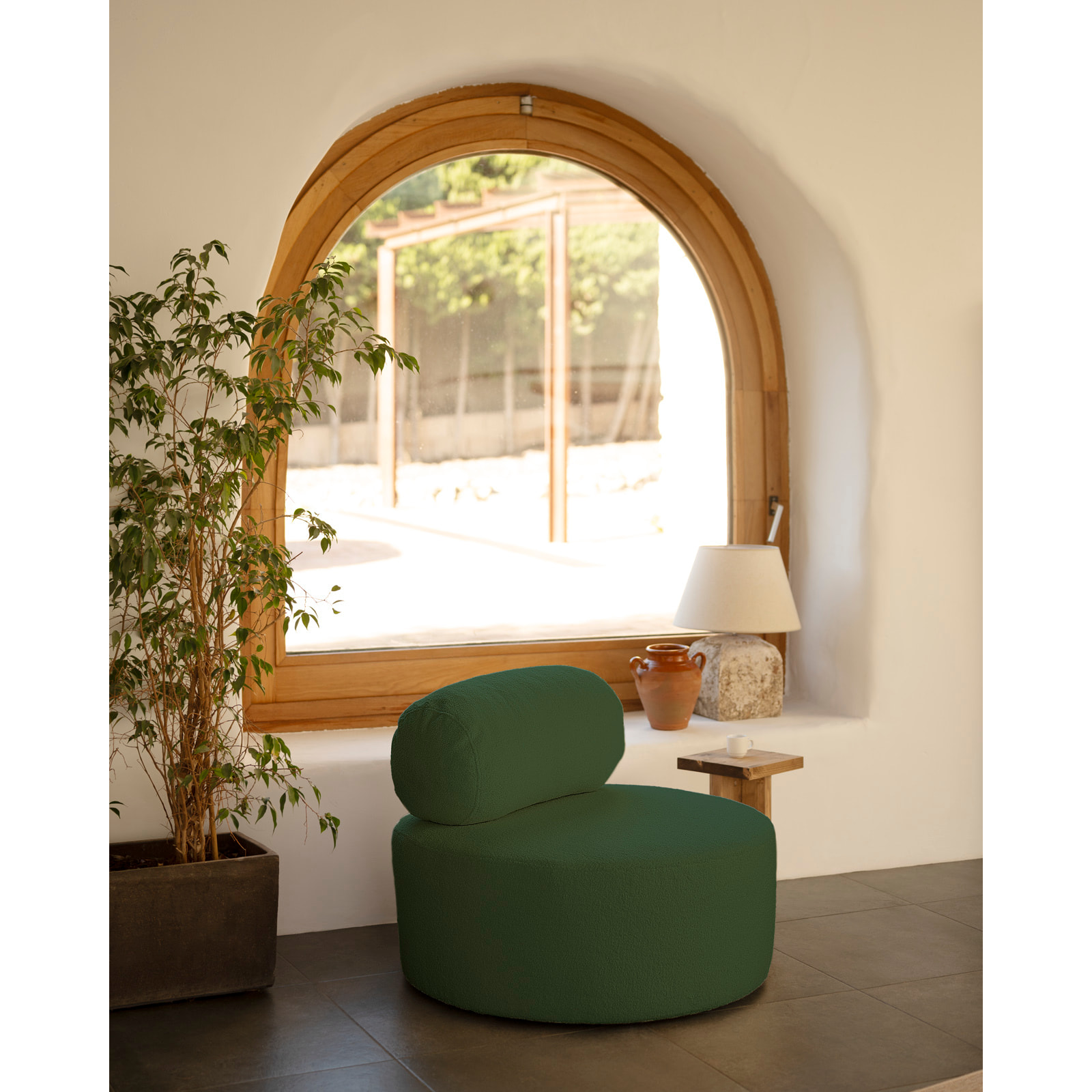Fauteuil en bouclé rond couleur vert de 91x71cm Hauteur: 71 Longueur: 91 Largeur: 91