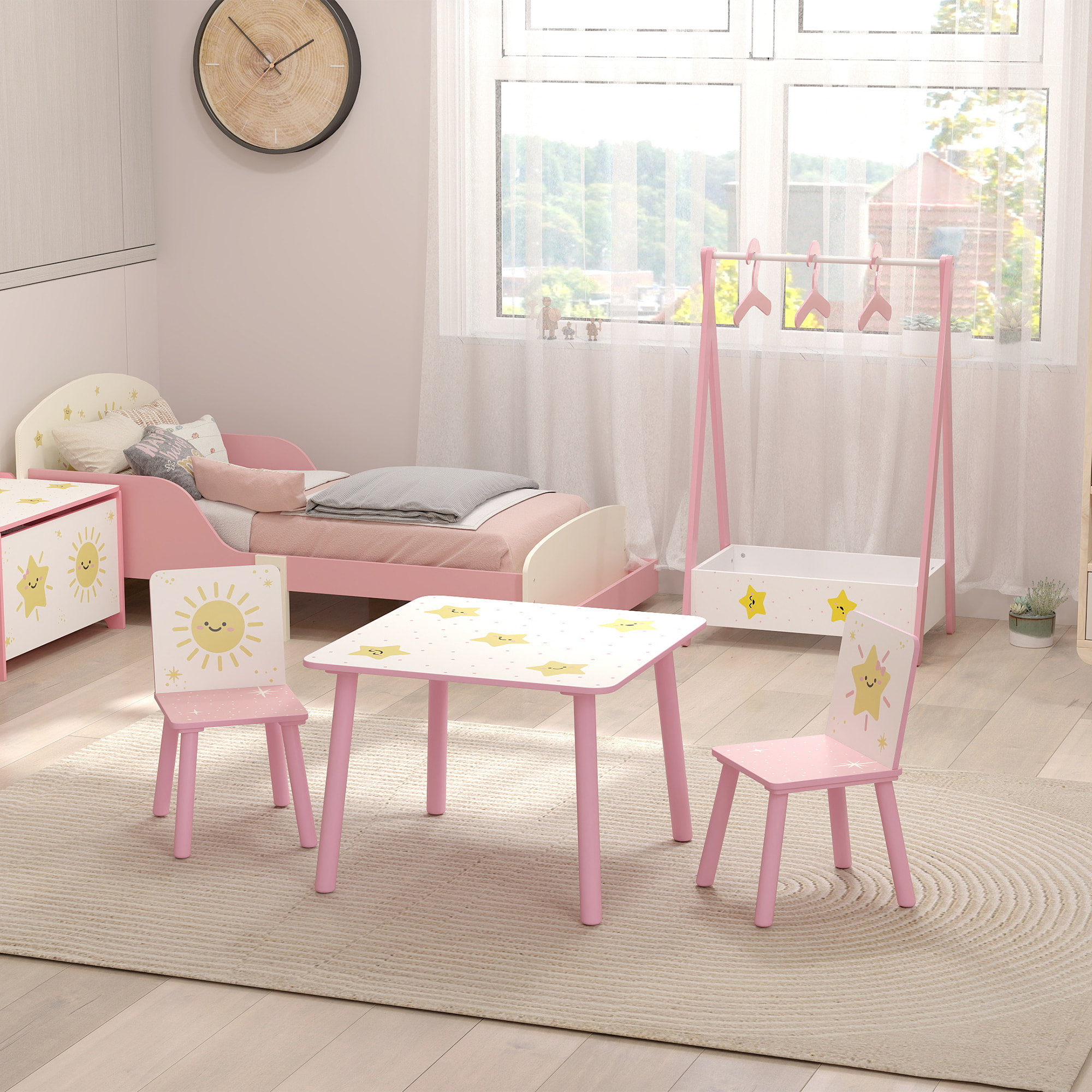 Ensemble table et chaises enfant design étoiles soleil bois pin MDF blanc rose