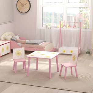 Ensemble table et chaises enfant design étoiles soleil bois pin MDF blanc rose