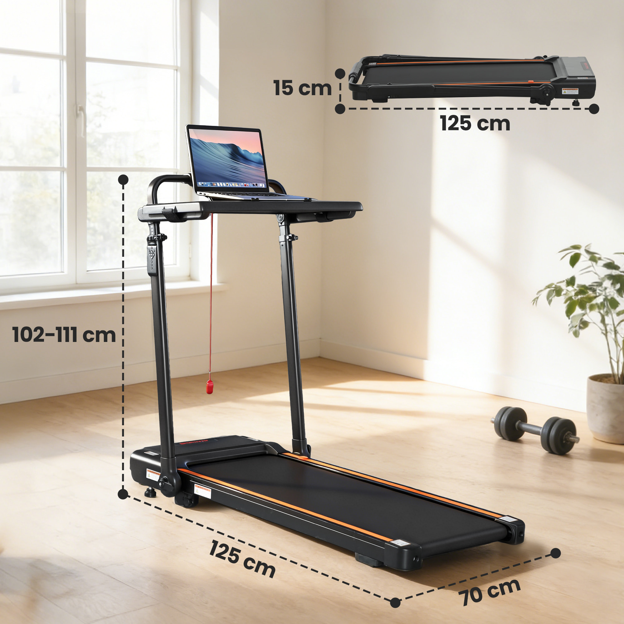 Cinta de Correr Plegable 2 en 1, Andar Caminadora Eléctrica 2.5HP con Escritorio Extraíble y Manillar Ajustable en Altura, 1-12 KM/H, Pantalla LED y Soporte para Móvil, para Hogar y Oficina