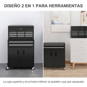 Carro de Herramientas con Baúl Superior, 2 en 1, Carro de Taller con 6 Cajones, Armario, Cerradura, 4 Ganchos, 2 Ruedas con Freno de Bloqueo, para Garaje, Hogar, Negro