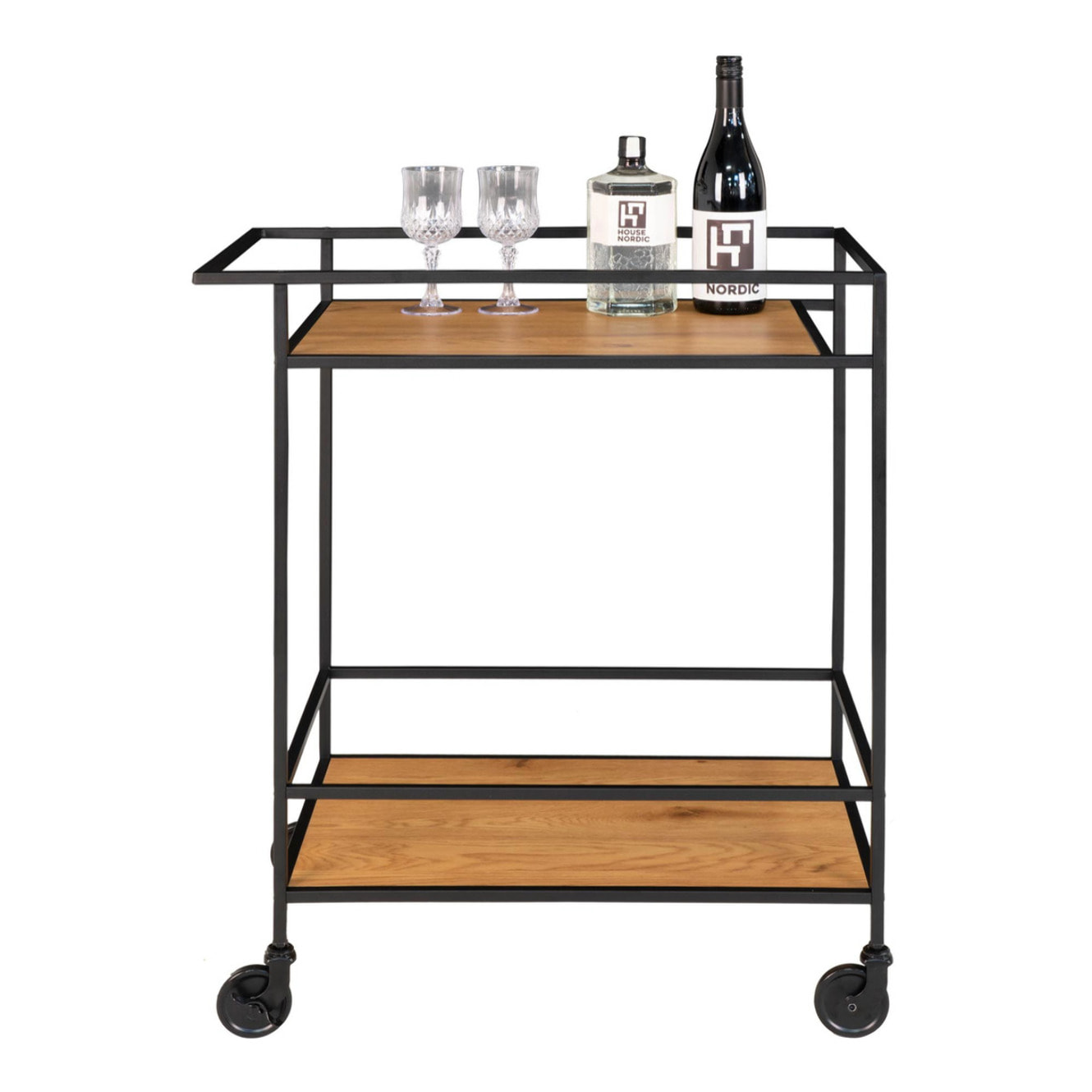 Carrello bar Vita a 2 ripiani effetto rovere con struttura in acciaio nero, 68×40×79 cm