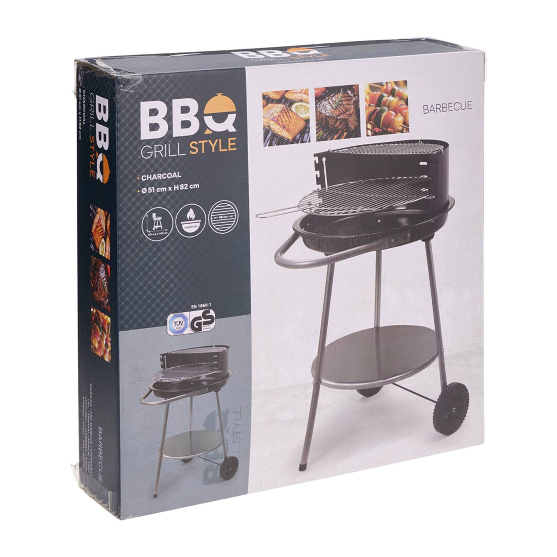 Barbacoa de Carbón Redonda Ø51 cm con Ruedas y Cortavientos - Parrilla Doble de Cocción - con Cuba Esmaltada y Asa