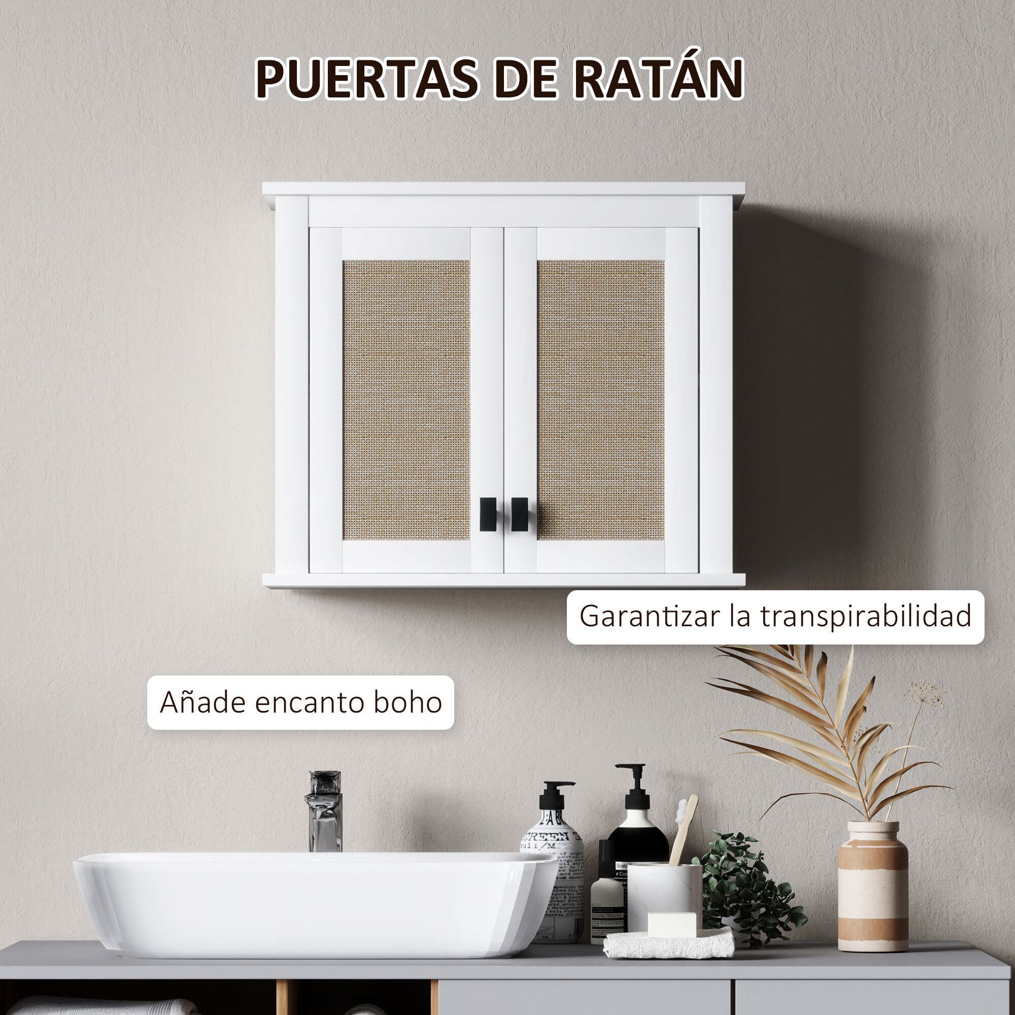 Armario de Pared para Baño Multiusos Mueble de Baño Suspendido Armario Colgante de Almacenamiento con 2 Puertas de Ratán PE Estante Ajustable 60x19,5x49,4 cm Blanco
