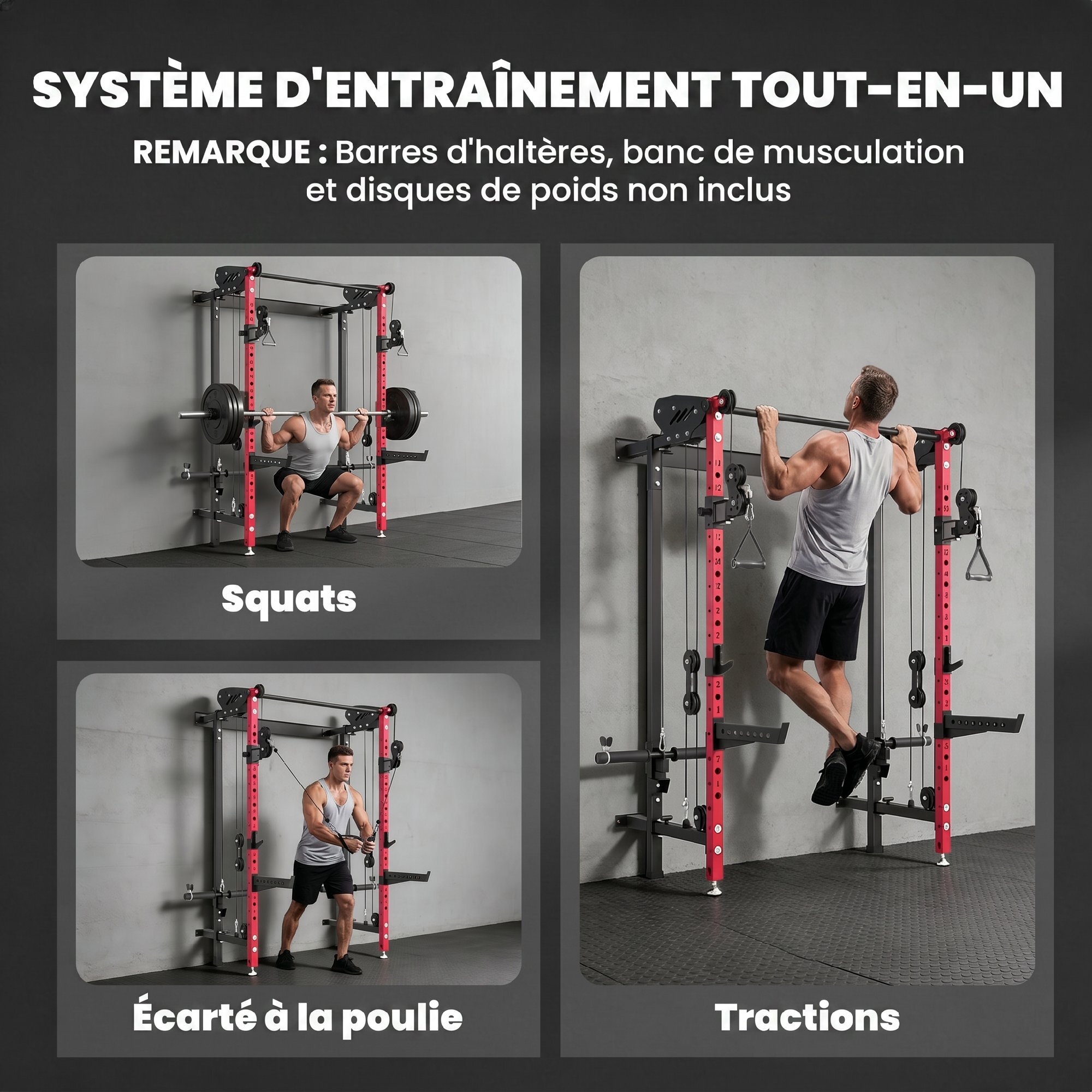 Station de musculation pliable - power rack  700kg double poulie réglable 14 niv. acier rouge noir