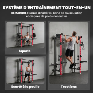 Station de musculation pliable - power rack  700kg double poulie réglable 14 niv. acier rouge noir