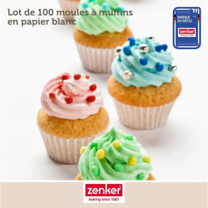 Ensemble comprenant 100 moules à muffin en papier, 1 spatule  Zenker, 2 bols à mixer en inox Fackelmann
