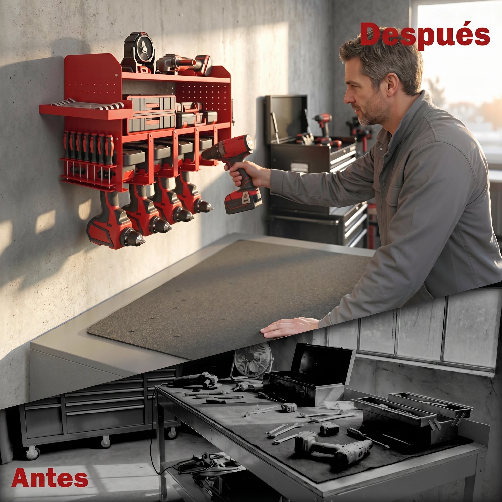 Organizador de Herramientas Eléctricas de Jardín, Estante de Almacenamiento de Pared de 2 Niveles para 5 Taladros, Soporte de Metal con Bandeja Lateral y 4 Ganchos, para Garaje,Taller, Rojo