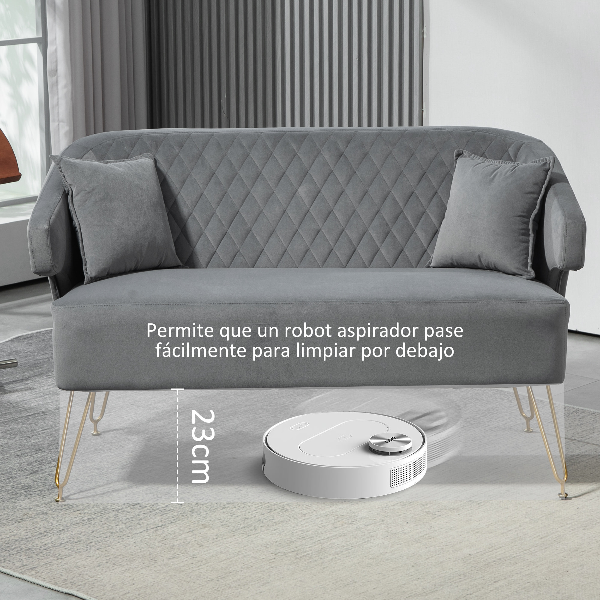 Sofá de 2 Plazas Tapizado en Terciopelo Sofá de Salón con 2 Almohadas Reposabrazos y Patas de Acero Doradas Sofá Pequeño Carga 240 kg para Dormitorio Oficina 124x69x76 cm Gris