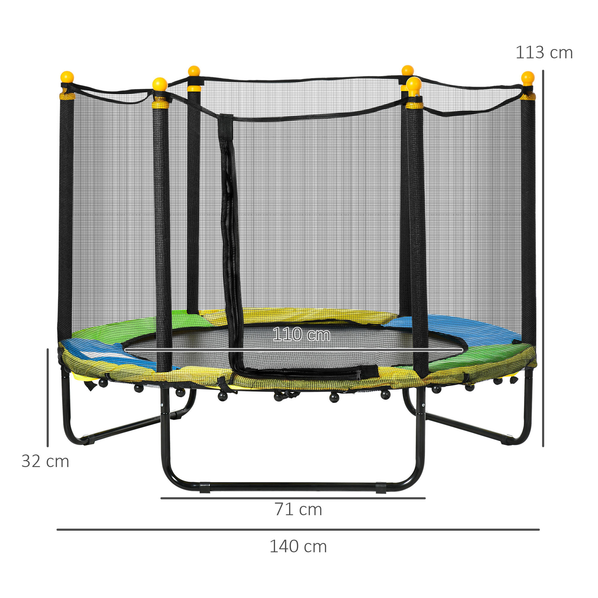 Trampoline enfant Ø 1,40 × 1,13H m filet de sécurité porte zipée couvre-ressorts multicolore 6 poteaux rembourrés noir