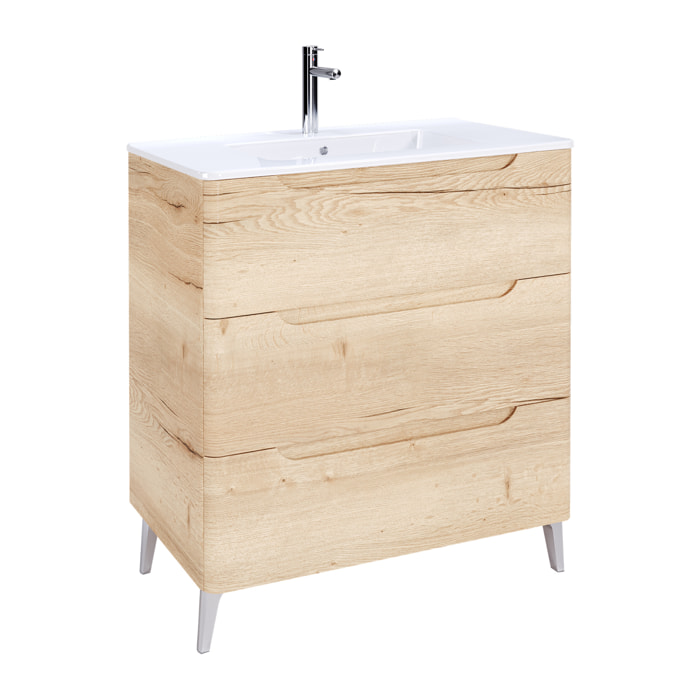 Meuble de salle de bains 80cm 3 tiroirs Chêne Clair - Vasque céramique blanche - JOTA