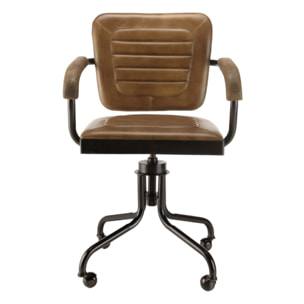 MARCEL - Fauteuil roulettes assise matelassée cuir accoudoirs manguier