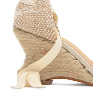 Alpargata Jud cuña de yute geométrica en lino con lazo, escote en V y punta afilada