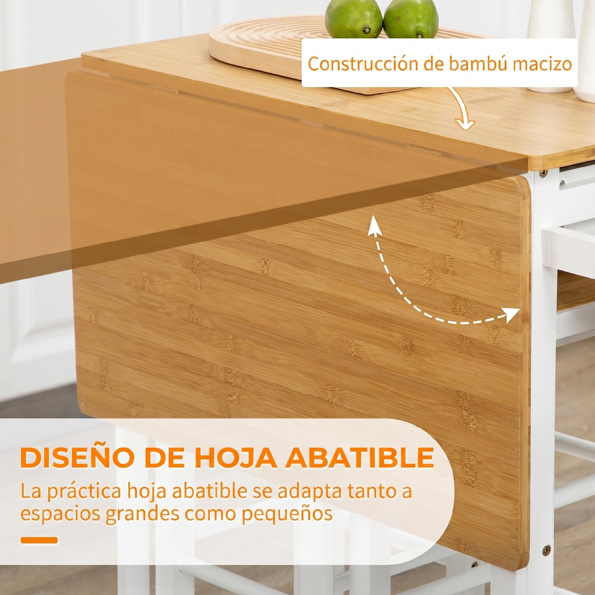 Juego de Mesa Alta de Bar y 2 Taburetes, Mesa Alta de Cocina de Bambú con Ruedas, Tablero Plegable, Ahorro Espacio, Cajones, Toalleros y Reposapiés, Natural y Blanco