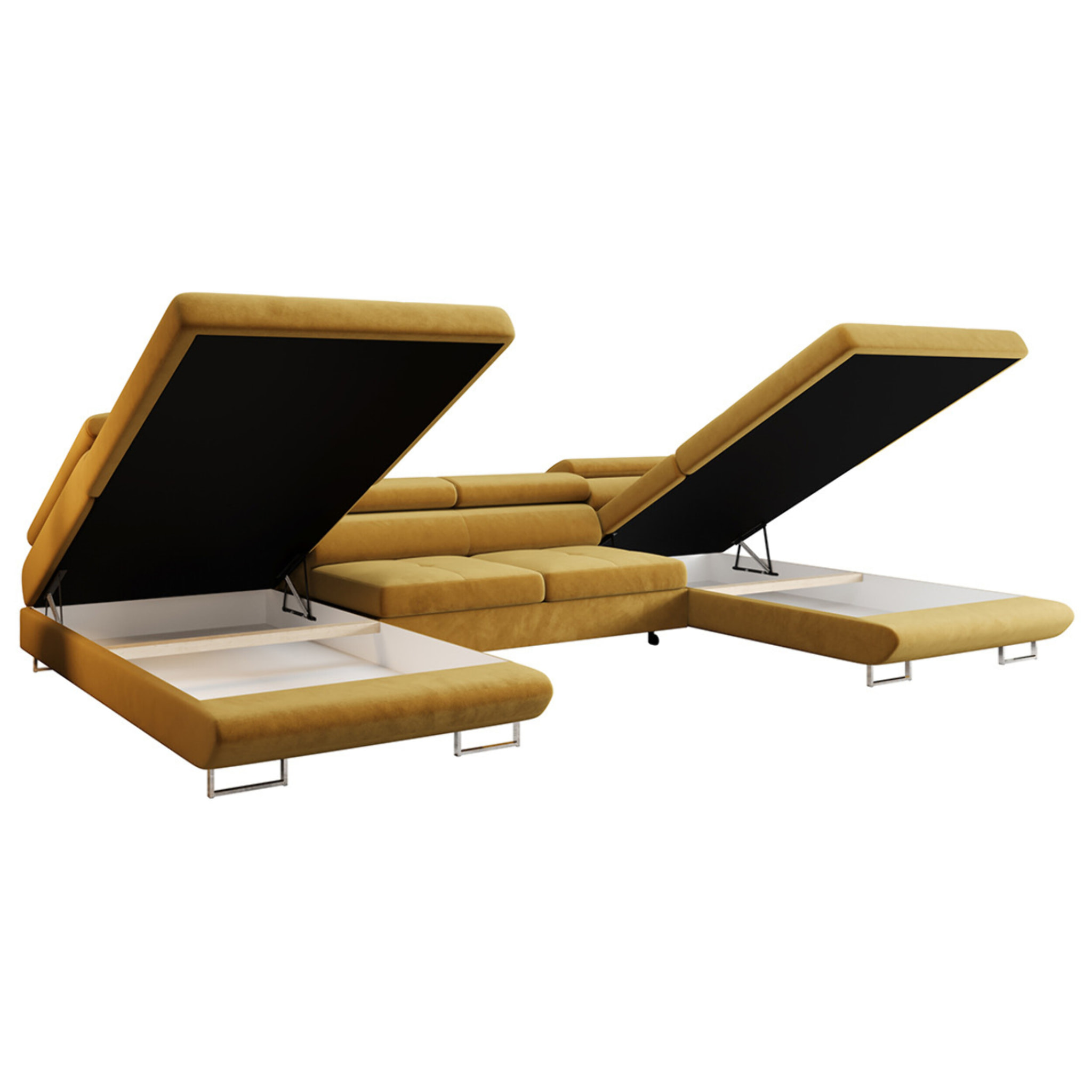 Ayden - Canapé panoramique en U 7 places convertible avec coffre et têtières réglables en tissu - Jaune