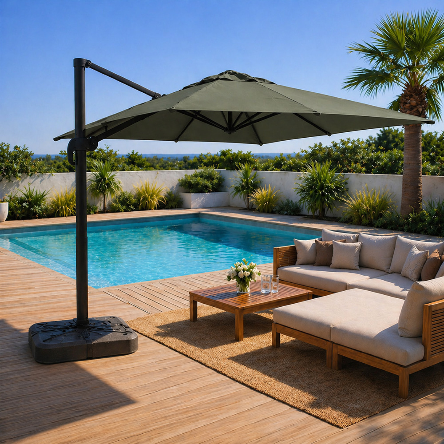 Parasol carré 3x3 déporté rotatif vert en aluminium RAFAELA