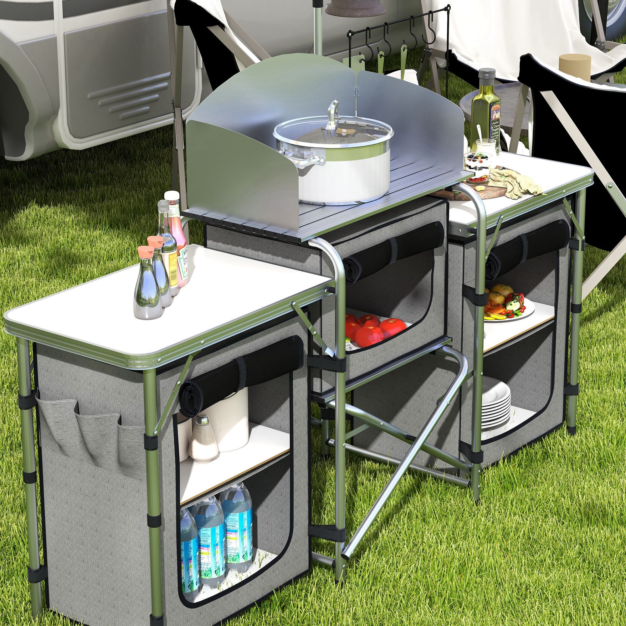Mueble Cocina Camping Armario Camping Plegable con Mesas Armarios Ganchos Estructura de Aluminio Poste de Luz Ajustable Paravientos y Bolsa de Transporte para Acampada 172x48x130 cm Gris