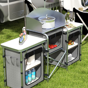 Mueble Cocina Camping Armario Camping Plegable con Mesas Armarios Ganchos Estructura de Aluminio Poste de Luz Ajustable Paravientos y Bolsa de Transporte para Acampada 172x48x130 cm Gris