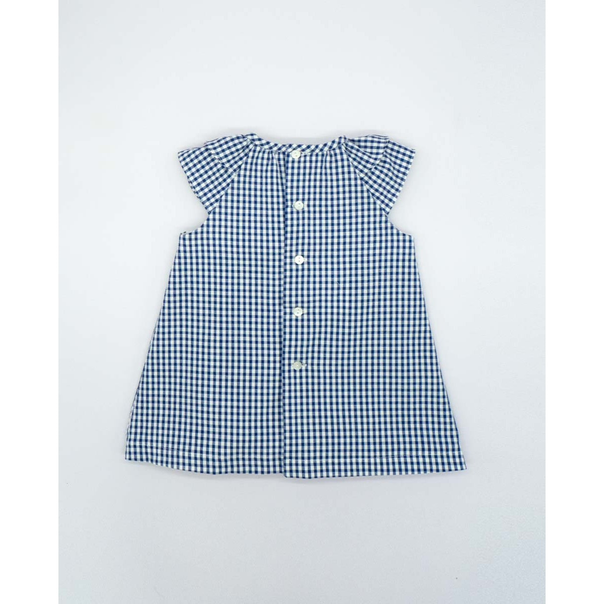 VESTIDO CON GOMAS Y VOLANTE CUADRO VICHY AZUL Y BLANCO