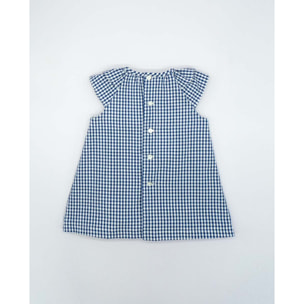 VESTIDO CON GOMAS Y VOLANTE CUADRO VICHY AZUL Y BLANCO