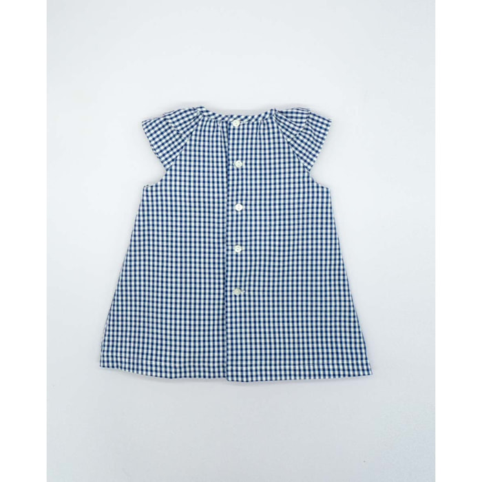 VESTIDO CON GOMAS Y VOLANTE CUADRO VICHY AZUL Y BLANCO