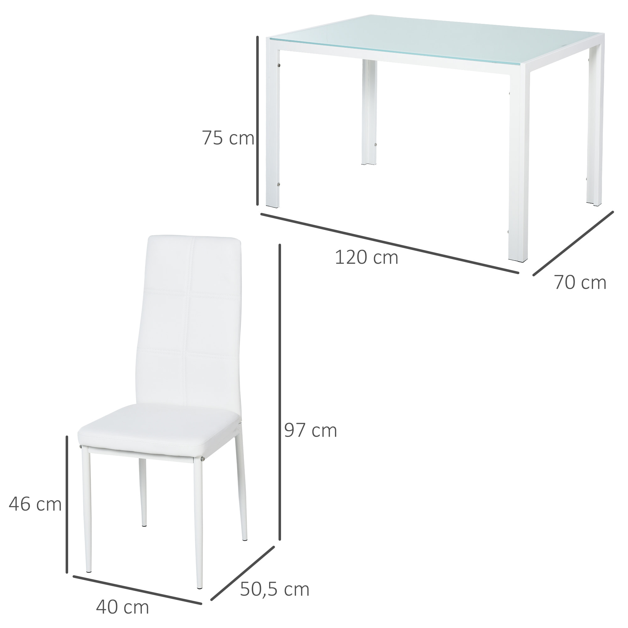 Conjunto de Comedor Mesa y 4 Sillas 5 Piezas Juego de Mueble de Cocina Mesa Rectangular de Vidrio Templado y Sillas Tapizadas en PU con Patas de Metal Blanco