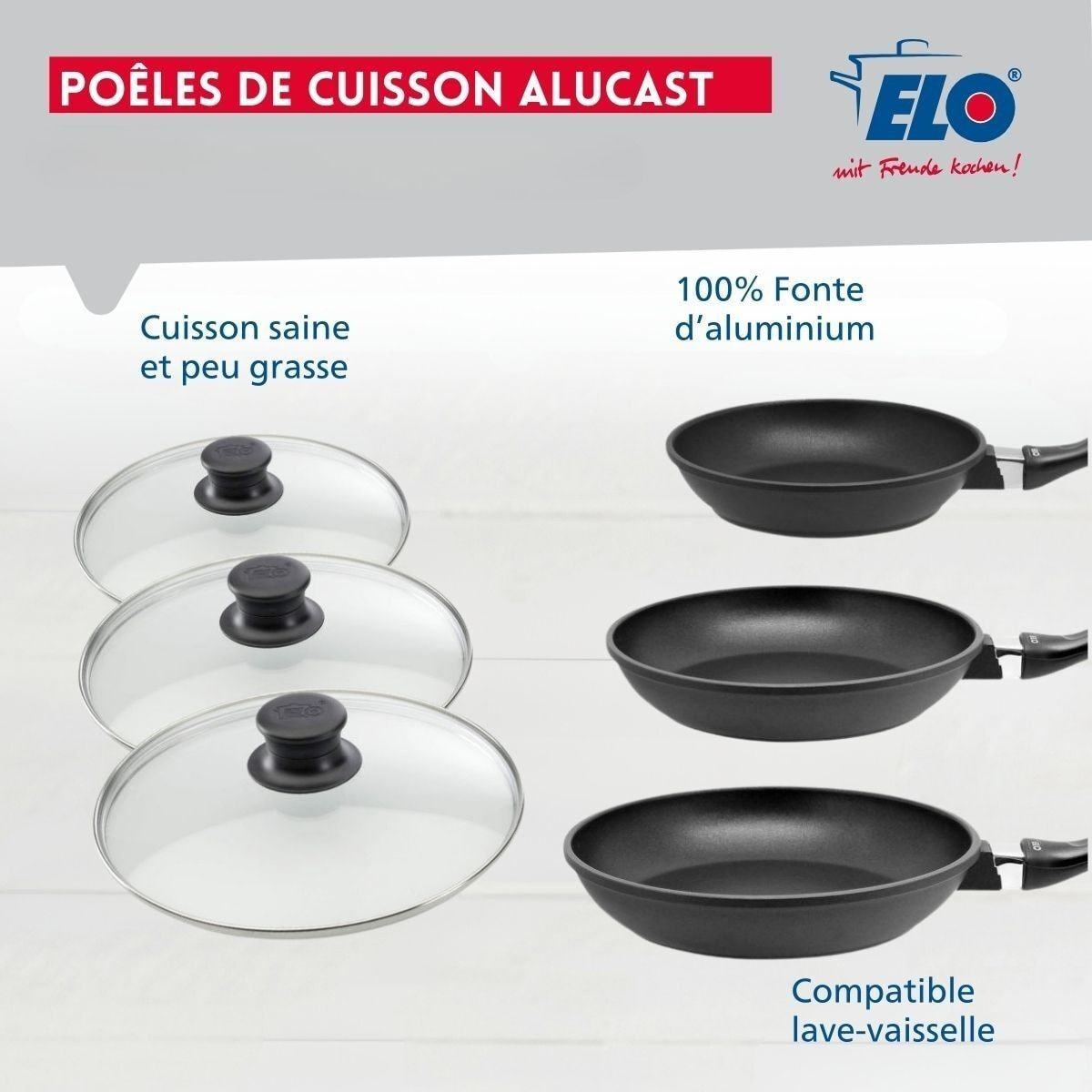 Set de 3 poêles et 3 couvercles sans PFAS Elo Alucast