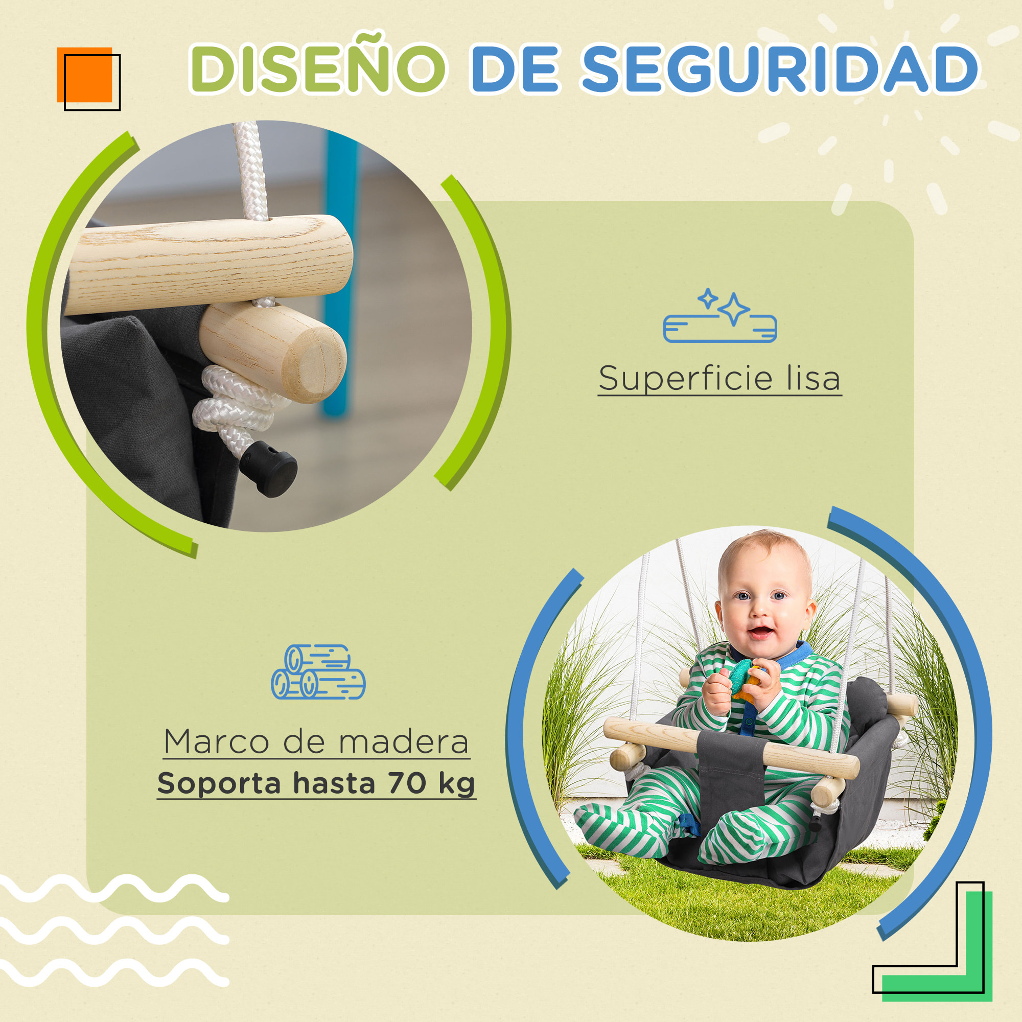 Columpio para Bebés de 9-36 Meses con Cuerdas Ajustables Columpio Infantil con Cinturón de Seguridad y Asiento Acolchado Carga 70 kg para Interiores y Exteriores 40x40x110-180 cm Gris Oscuro