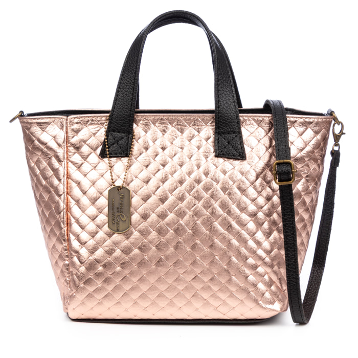 Cassandra bolso tote mujer. Piel auténtica Gamuza con grabado entrelazado y lacada brillante.