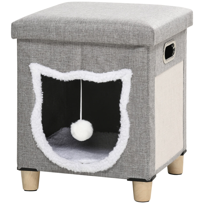 Cama Cueva de Gatos 2 en 1 Casa para Gatos Interior Tipo Reposapiés con Cojín Extraíble Bola Colgante y Almohadilla para Rascar 35,5x35,5x42,5 cm Gris