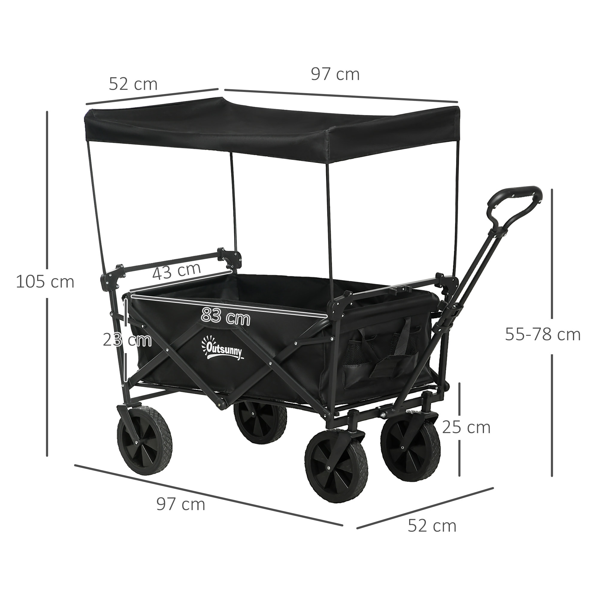Carro Plegable con Toldo Desmontable Carro de Jardín con Longitud y Ángulo del Mango Ajustables y Bolsa de Transporte Carga 100 kg Negro