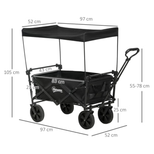 Carro Plegable con Toldo Desmontable Carro de Jardín con Longitud y Ángulo del Mango Ajustables y Bolsa de Transporte Carga 100 kg Negro