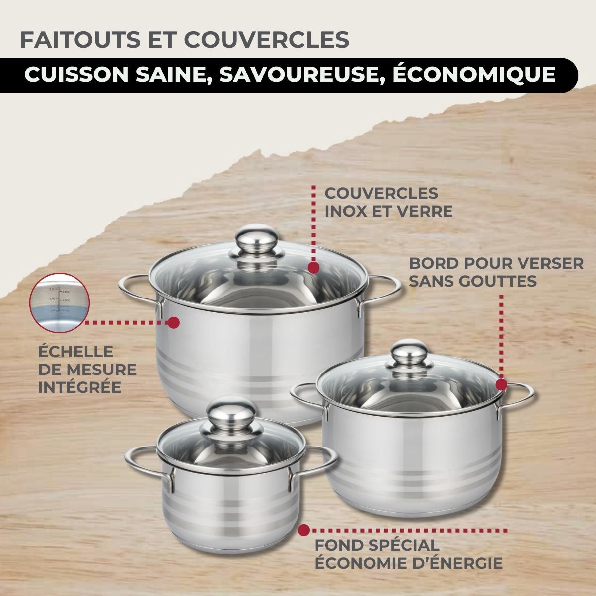 Set 1 poêle en inox et 1 couvercle verre, 3 faitouts inox Fackelmann Eterna